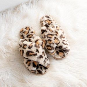 Tan Fuzzy Leopard Cross Band Slippers
